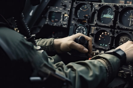 Close-up of cockpit and airplane controls, pilot's hands during flight control, generative AIの素材