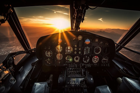 Close-up of the cockpit and aircraft controls, bright sunlight is visible through the cockpit window, generative AIの素材