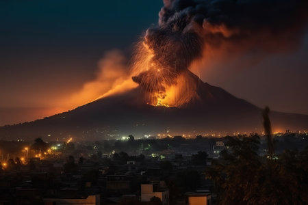 The emission of ash from the volcano against the background of the city, the volcano that is close to the populated areas, the threat of magma emission from the volcano, generative AI.の素材