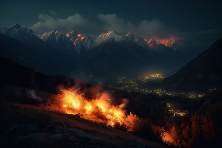 A fire in the mountains at night, there is a great danger of burning the forest and animals, generative AI.の素材