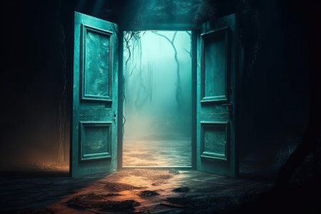 Entrance to dungeons and hell. Opened large wooden door shrouded in mist and cobwebs, magic door, generative AI.の素材