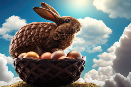 Symbols of Easter holidays, a hare sits in a basket against the sky, Easter eggs are near the basket, brown easter bunny, Generative AI.の素材
