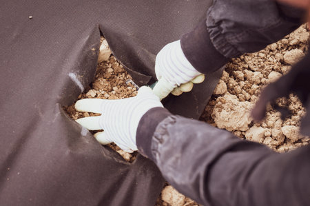 A worker in the field digs a hole with a shovel under the agrofiber for later planting plants, brown...