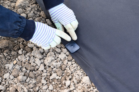A person drives a plastic stake into the ground to hold the agro fiber on the ground, gardening and field work.の写真素材