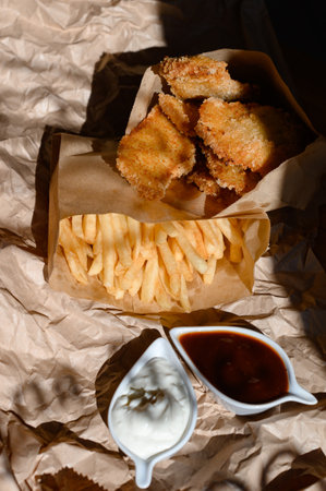 Chicken nuggets with sauce and french fries on a sheet of paper, mayonnaise and ketchup.の写真素材