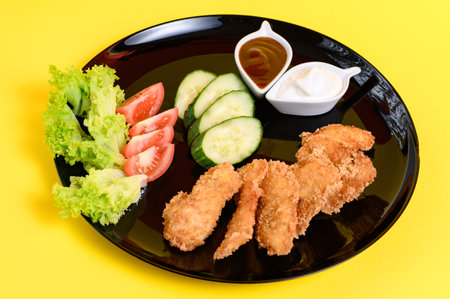 Chicken nuggets with cucumber, tomatoes and lettuce on a black plate, chicken nuggets with mayonnaise and ketchup on a yellow background.の写真素材