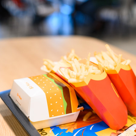 Ivano-Frankivsk, Ukraine, June 7, 2023: prepared and packaged Big Mac menu on the table of visitors...