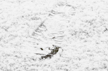 The mark of a mans footstep boot in the snow