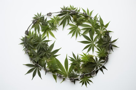 Marijuana circle on white background with handcuffs, police motive for banning marijuana. The concept of breaking the law when using the marijuana herb.の素材