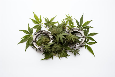 Marijuana circle on white background with handcuffs, police motive for banning marijuana. The concept of breaking the law when using the marijuana herb.の素材