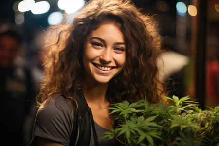 A brown-haired girl smiles near a marijuana bush, a tourist near a real marijuana plant.の素材