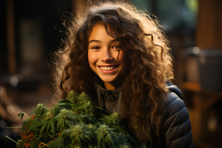 A brown-haired girl smiles near a marijuana bush, a tourist near a real marijuana plant.の素材