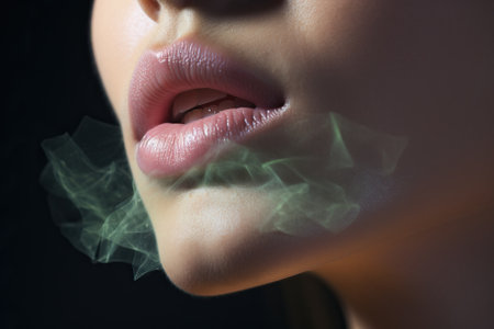 Close up of a girl's lips with smoke and a stack of marijuana, weed inhaling on a black background.の素材