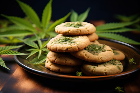 Roasts with marijuana, marijuana leaves and roasts on a tray, use of medical cannabis.の素材