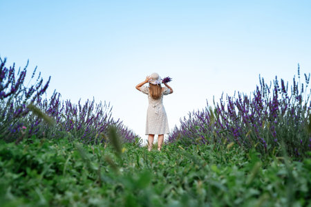 A young lavender field and a girl posing for a photo and holding a lavender bouquet.の写真素材