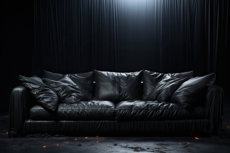 Black leather and large sofa on a black background, dark living room style.の素材