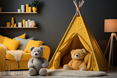 Children's room style with a tent and a big soft bear, the room is gray and yellowの素材