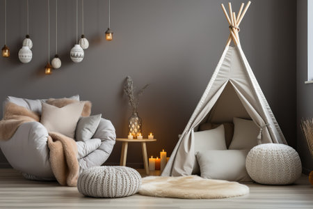 Children's room in style with a tent and a large teddy bear, a wigwam tent.の素材