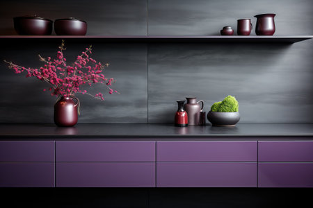 Classic and expensive kitchen in purple and gray color, design idea for kitchen-living room, modern and practical kitchen-studio.の素材