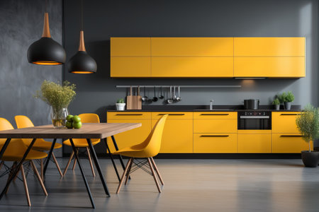 Modern and stylish new kitchen in yellow and dark gray colors, living room kitchen or studio kitchen.の素材