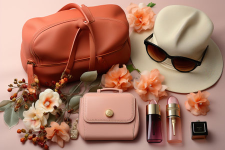 Big and small women's bags with hat and glasses on pink background between flowers, top view.の素材