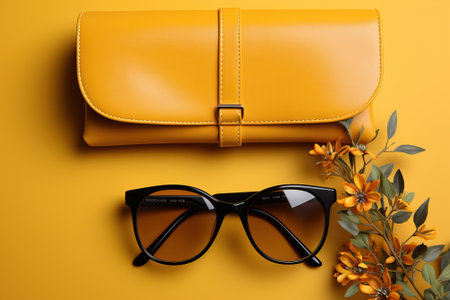 Yellow clutch with sunglasses on yellow background, top view of accessories.の素材