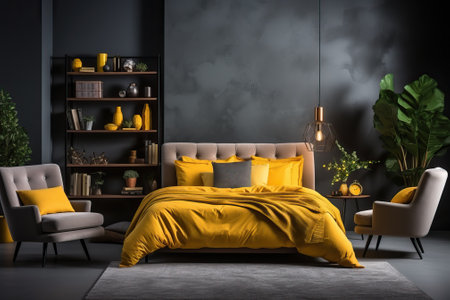 Bedroom in yellow and gray colors, front view of the bed, new and stylish design for the bedroom.の素材