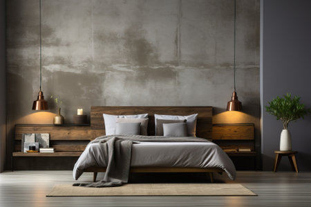 A bedroom with a minimal interior and gray walls and a carpet on the floor.の素材