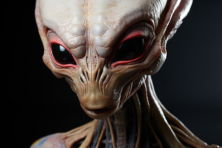 The head of an alien with big eyes on a black background, a living creature outside the Earth.の素材