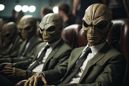Aliens sit in chairs in human classical costumes, alien businessman.の素材
