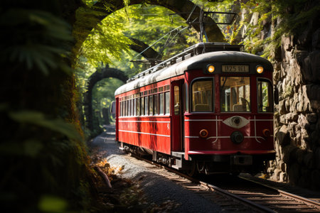 Old wagon in green tunnel, old abandoned tunnel and train.の素材