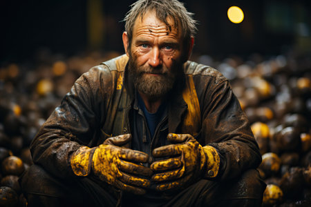 Miner outside after working day, tired and dirty mine worker.の素材