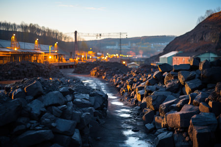 Pieces of black coal lie in a large pile on the outside, the mining industry.の素材