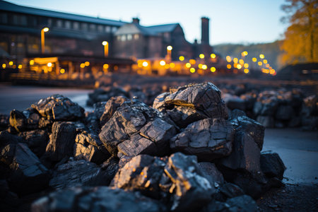 Pieces of black coal lie in a large pile on the outside, the mining industry.の素材