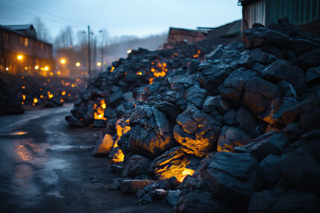 Pieces of black coal lie in a large pile on the outside, the mining industry.の素材