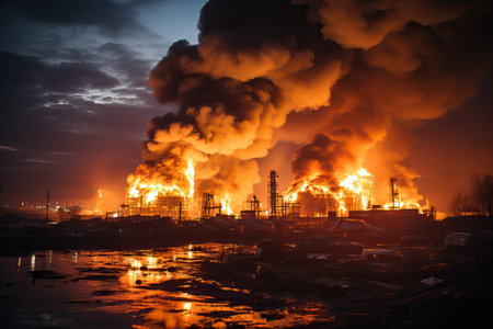 Fire at an oil storage facility, burning oil tanks, accident at the facility.の素材