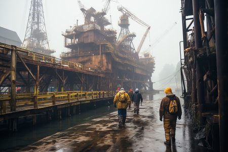 A group of workers on a drilling site, the process of drilling a well and preparing for work.の素材