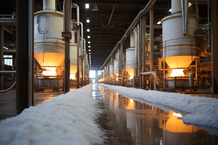 Scattered salt at the plant near the boiling tanks, industrial salt production.の素材