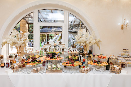 Decoration of a candy bar with various sweets at a festive event. Ivano-Frankivsk, Ukraine August 12, 2023のeditorial素材