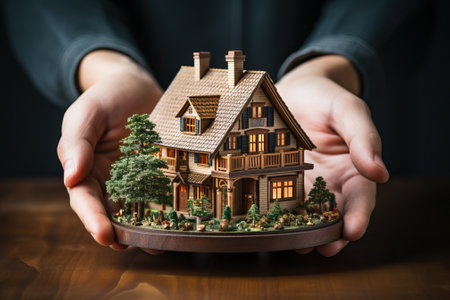 A man holds a small house in his hands, real estate market concept.の素材