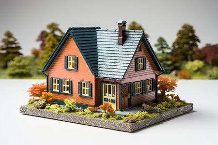 Mini house made of paper with a garden, trees, flowers, real estate sales concept, a small mini-project of village street development. Children toy house close up.の素材