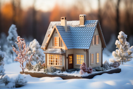 Mini house in winter project, real estate business. Children toy house close up.の素材
