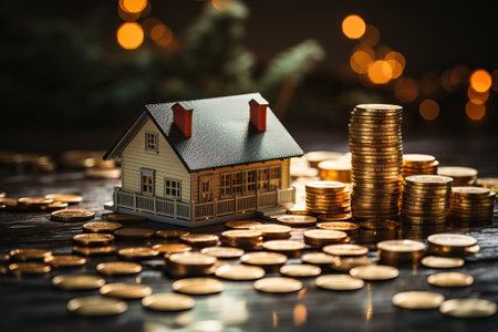 A mini house surrounded by gold coins, real estate trading concept.の素材