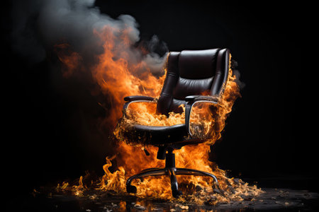 Burning office chair on a black background, burning furniture. Professional burnout of office workers.の素材