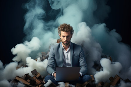 A man sits at a table and works at a computer on the background of fire and smoke, the concept of emotional burnout of a worker.の素材