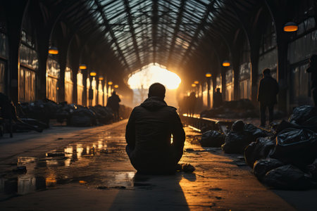 A man sits in a dark street, searching for silence and solitude, a person in a stressful situation. Devastated and over-stressed person with depressed mood.の素材