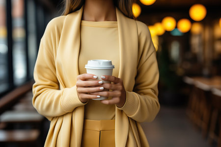 A woman holds a cup of coffee in her hands and stands on the background of a cafe, mockup for business ideas with coffee.の素材