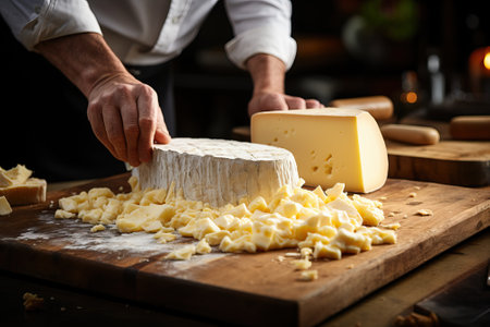 An artisan cuts cheese in the cellar of the cheese factory, the art of cheese making.の素材