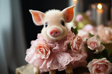 White little decorative pig in a dress, pig in a pink dress.の素材
