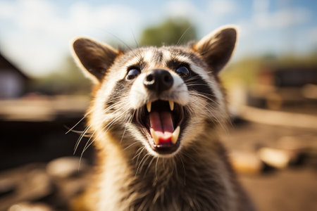 Portrait of a rabid raccoon with a wide open muzzle.の素材